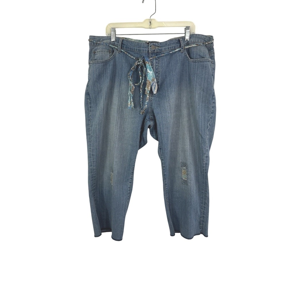 Venezia Distressed Cropped Jeans Size 24 Blue Patches Zip Button Closure‎ Tie